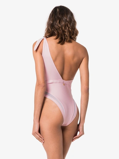 Shop Ambra Maddalena Posey One Shoulder Belted Swimsuit In Pink