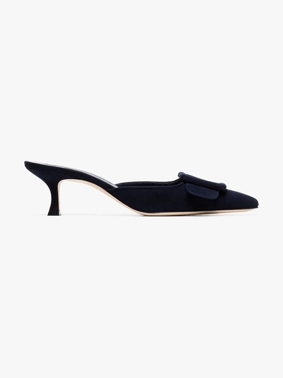 Manolo Blahnik Kitten Heel Mules In Navy Blue Suede In Blue