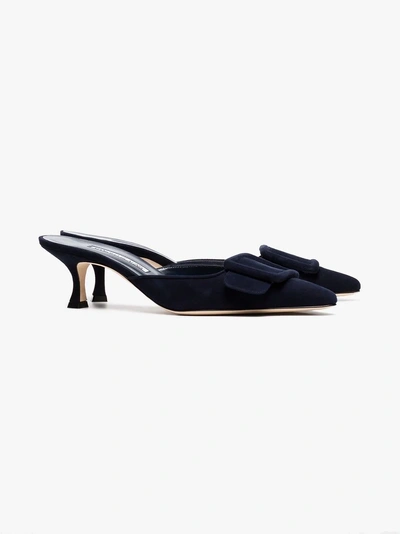 Manolo Blahnik Kitten Heel Mules In Navy Blue Suede In Blue