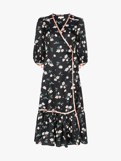 By Timo Floral Print Contrast Trim Wrap Dress In Black | ModeSens
