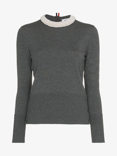 Shop Thom Browne Pearl Collar Knitted Wool Jumper In Grey