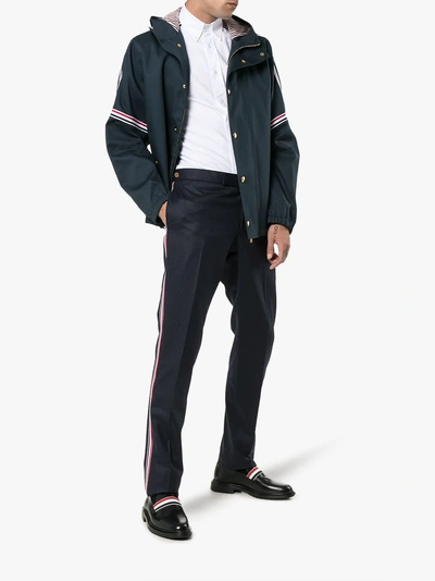 Shop Thom Browne Striped Seam Straight Leg Wool Trousers In Blue