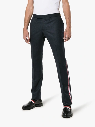 Shop Thom Browne Striped Seam Straight Leg Wool Trousers In Blue