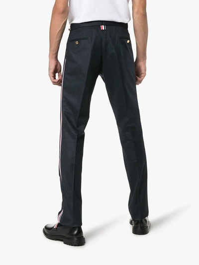 Shop Thom Browne Striped Seam Straight Leg Wool Trousers In Blue