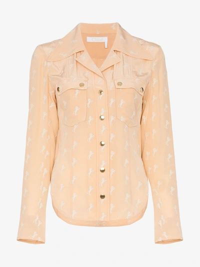 Shop Chloé Horse Printed Double Pocket Silk Shirt In Pink