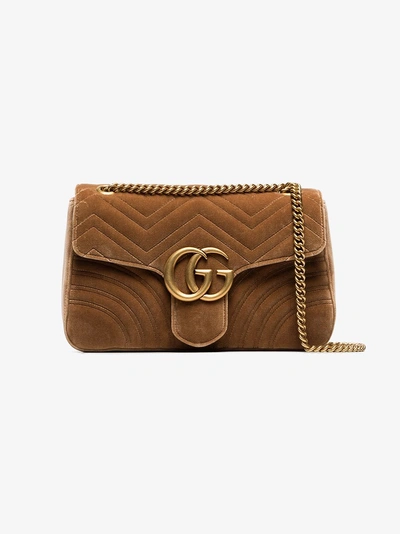 Shop Gucci Taupe Gg Marmont Velvet Medium Shoulder Bag In Brown