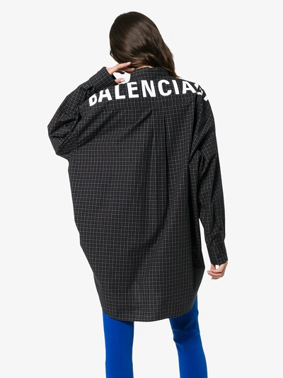 Shop Balenciaga Check Logo Back Button-down Cotton Shirt In Blue