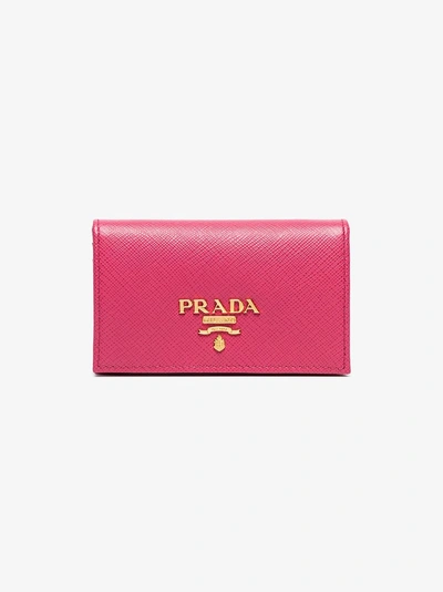 Shop Prada Pink Logo Detail Textured Leather Wallet