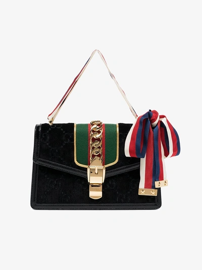 Shop Gucci Black Sylvie Gg Velvet Small Shoulder Bag