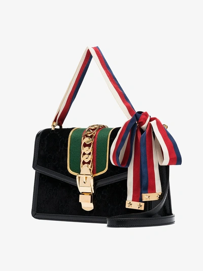 Shop Gucci Black Sylvie Gg Velvet Small Shoulder Bag