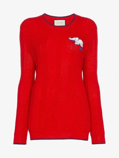 Shop Gucci Elephant Embroidered Wool Jumper In Red