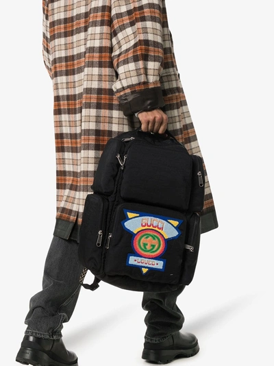 Shop Gucci Black Large Backpack With  '80s Patch