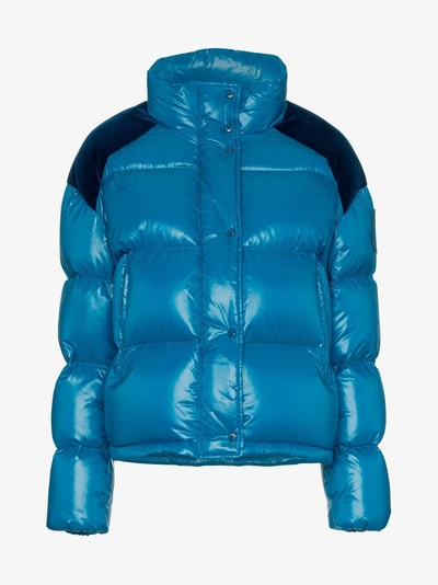 Shop Moncler Chouette Feather Down And Velvet Puffer Jacket In Blue