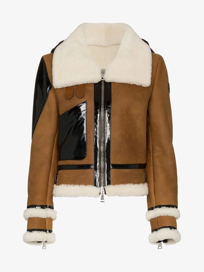 Shop Moncler Crabier Crop Shearling Jacket With Down Hood In Neutrals