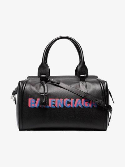 Shop Balenciaga Black Logo Grainy Leather Bowling Bag