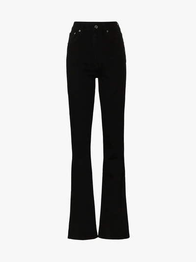 Shop Helmut Lang High Waisted Bootcut Cotton Blend Jeans In Black