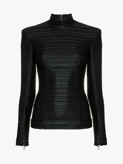 Shop Balmain High-neck Ribbed Faux Leather Top In Black