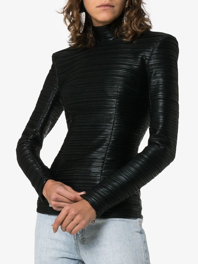 Shop Balmain High-neck Ribbed Faux Leather Top In Black