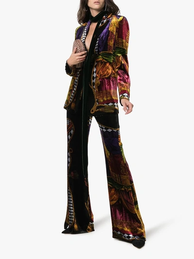 Shop Versace High-waisted Sipario Print Silk Blend Velvet Trousers In A7008 Multicoloured