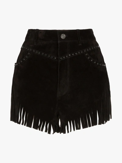 Shop Saint Laurent Fringed Stud Embellished Suede Shorts In Black