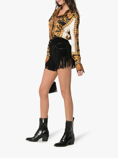 Shop Saint Laurent Fringed Stud Embellished Suede Shorts In Black