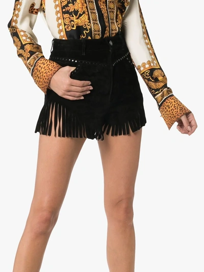 Shop Saint Laurent Fringed Stud Embellished Suede Shorts In Black