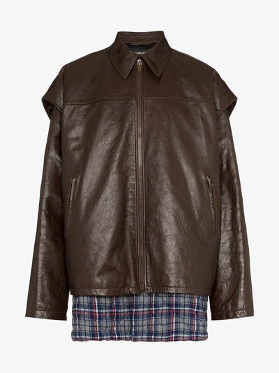 Shop Balenciaga Layered Check Print Leather Jacket In Brown