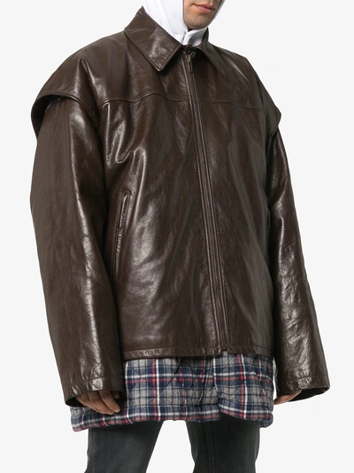 Shop Balenciaga Layered Check Print Leather Jacket In Brown