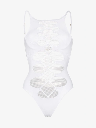 Shop Agent Provocateur Hatty Mesh Lace-up Swimsuit In White