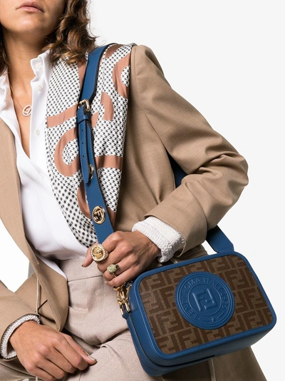 Shop Fendi Brown And Blue Camera Case Logo Print Leather Cross Body Bag In Black