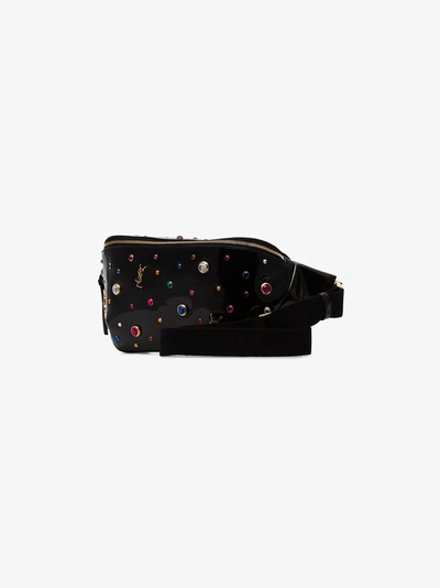 Shop Saint Laurent Black Stone Embellished Patent Leather Belt Bag