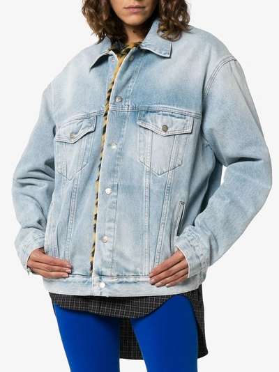 Shop Balenciaga Leopard Print Faux Fur Lined Denim Jacket In Blue