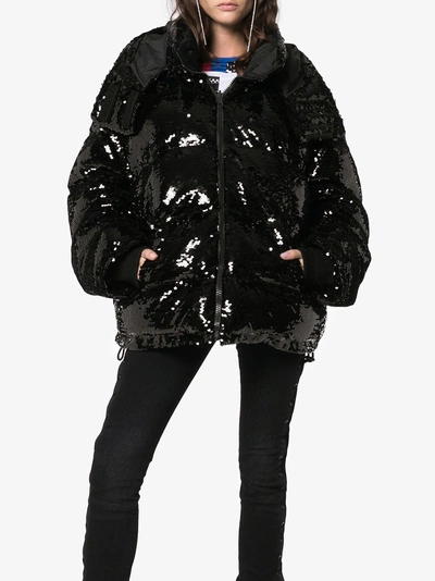 Shop Faith Connexion Sequin Embellished Puffer Jacket In Black