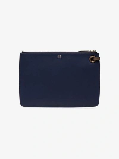 Shop Fendi Navy  Mania Striplette Leather Clutch Bag In Blue