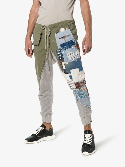 Shop Greg Lauren Patchwork Slim Leg Cotton Track Pants In Grey