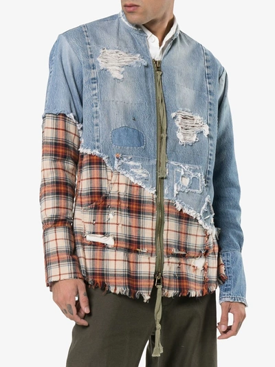 Shop Greg Lauren Check Distressed Cotton Bomber Jacket In Blue
