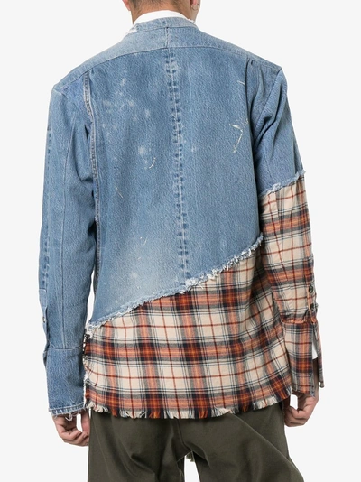 Shop Greg Lauren Check Distressed Cotton Bomber Jacket In Blue