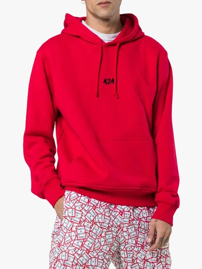 Shop 424 Logo Embroidered Cotton Hoodie In Red