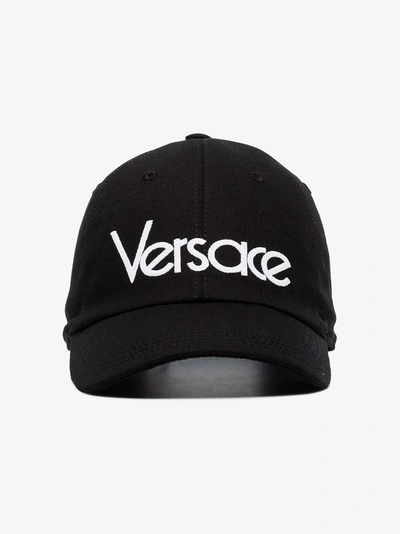 Shop Versace Black Logo Embroidered Cotton Cap