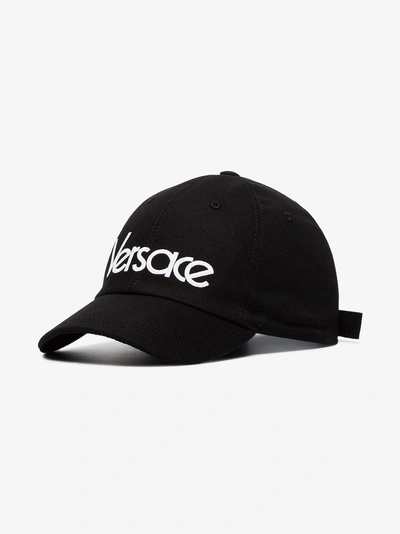 Shop Versace Black Logo Embroidered Cotton Cap