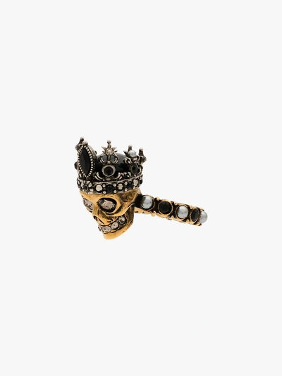 Shop Alexander Mcqueen Gold And Silver Metallic Crystal Embellished Queen Skull Ring