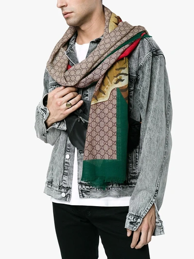Shop Gucci Nude And Green Tiger Web Print Wool Stole In Neutrals
