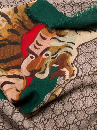 Shop Gucci Nude And Green Tiger Web Print Wool Stole In Neutrals
