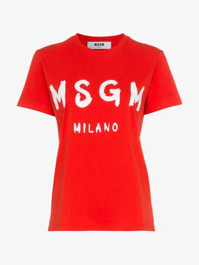 Shop Msgm Logo Print Cotton T-shirt In Red