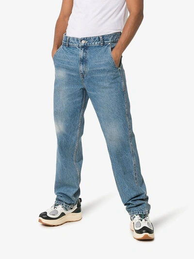 Shop Ader Error Faded Straight Cotton Jeans In Blue