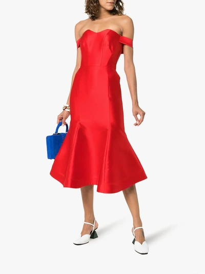 Shop Vika Gazinskaya Off The Shoulder Silk Midi Dress In Red