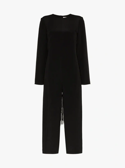 Shop Tibi Fringe Detail Silk Jumpsuit In Black