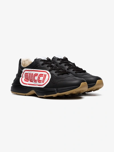 Shop Gucci Black Rhyton Logo Print Leather Sneakers