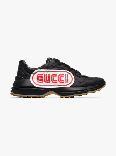 Shop Gucci Black Rhyton Logo Print Leather Sneakers