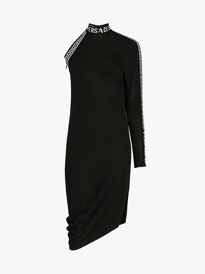 Shop Versace One Sleeved High Neck Midi Dress In Black